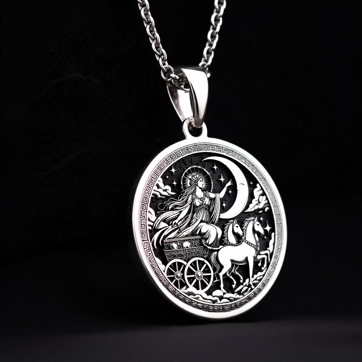 Selene Greek Moon Goddess Celestial Necklace — Solid 925 Sterling Silver scale & profile view