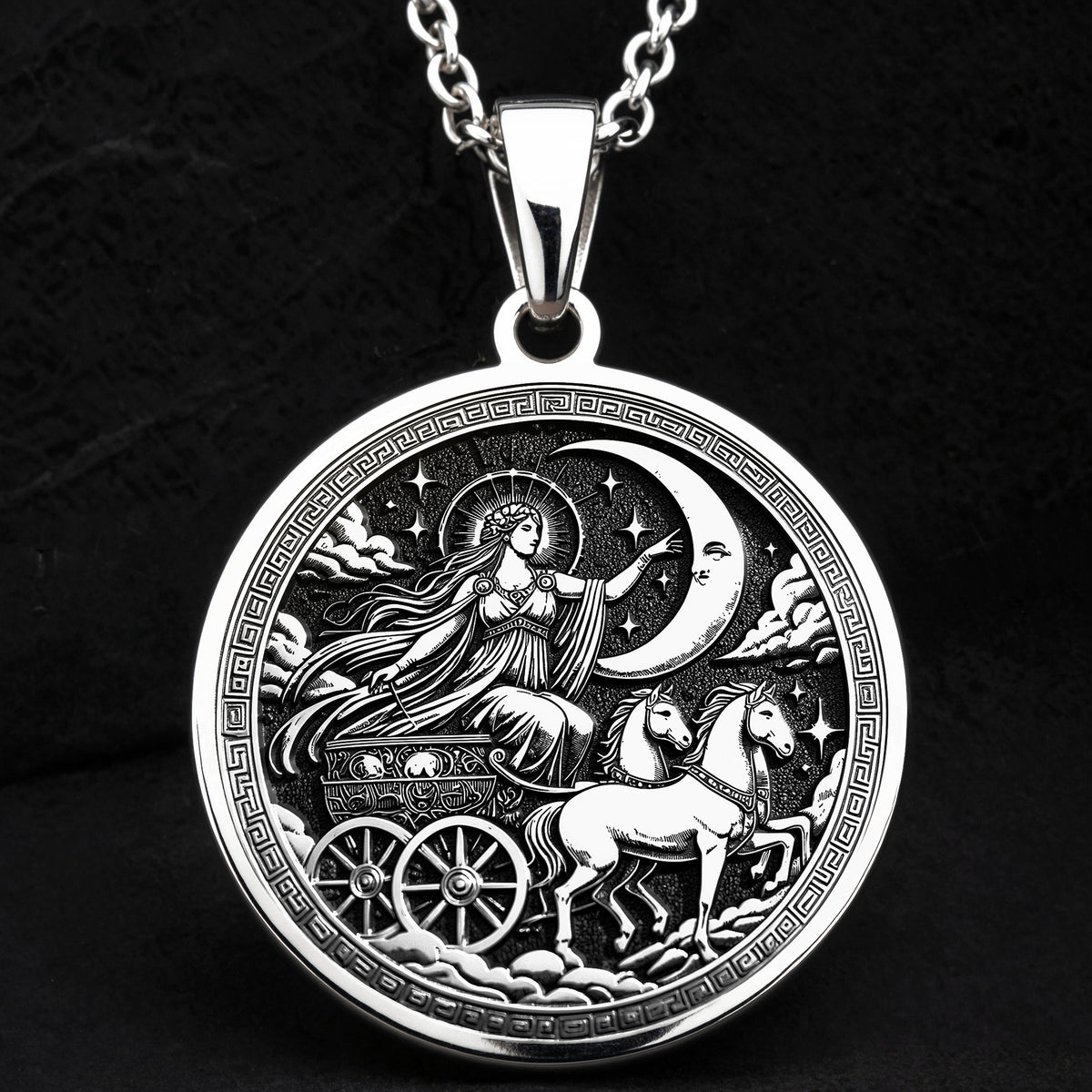 Selene Greek Moon Goddess Celestial Necklace — Solid 925 Sterling Silver gift presentation view