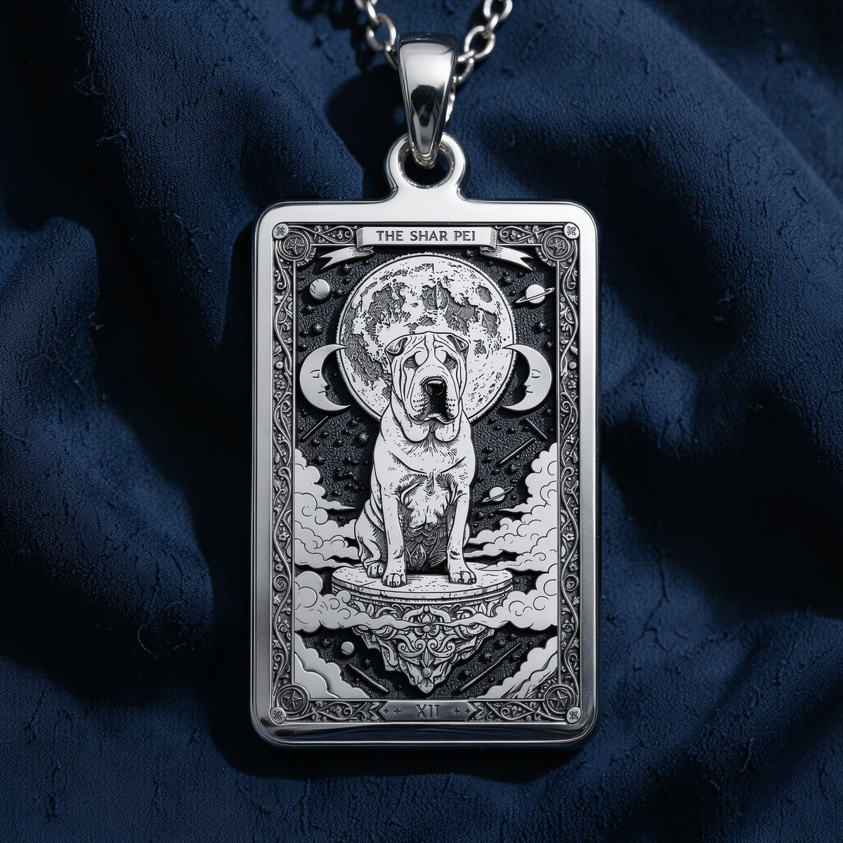 A polished 14K solid gold Shar-Pei medallion. This fine pet jewelry represents the breed's stoic nature, making it a perfect Shar-Pei lover gift.