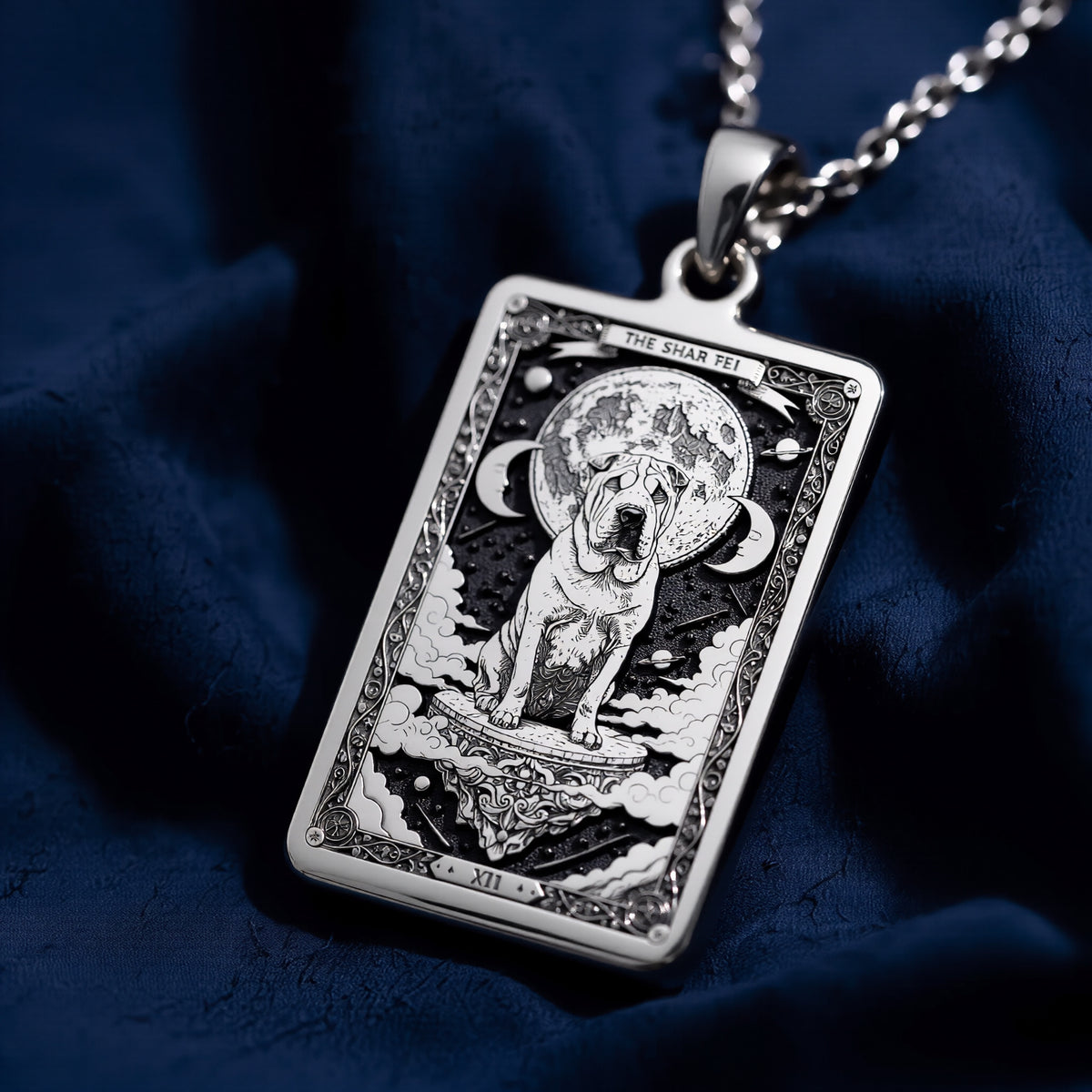 A personalized 925 sterling silver Shar-Pei necklace. This gift celebrates the devoted heart of the Shar-Pei, a cherished pet memorial keepsake.