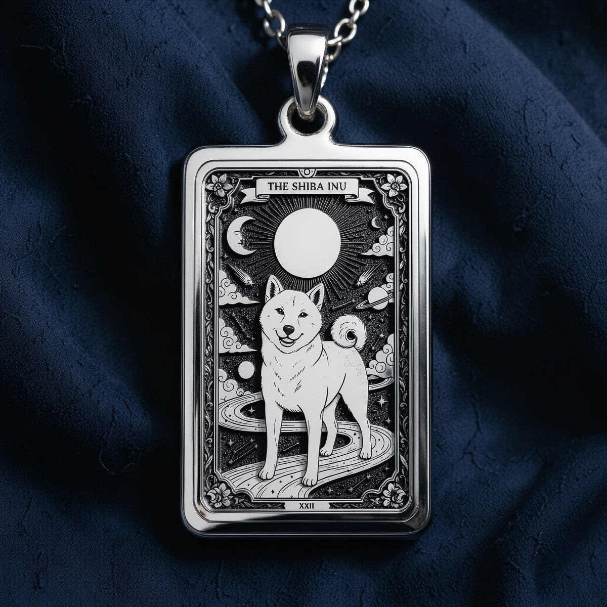 A polished 14K solid gold Shiba Inu medallion. This fine pet jewelry represents the breed's bold personality, making it a perfect Shiba lover gift.