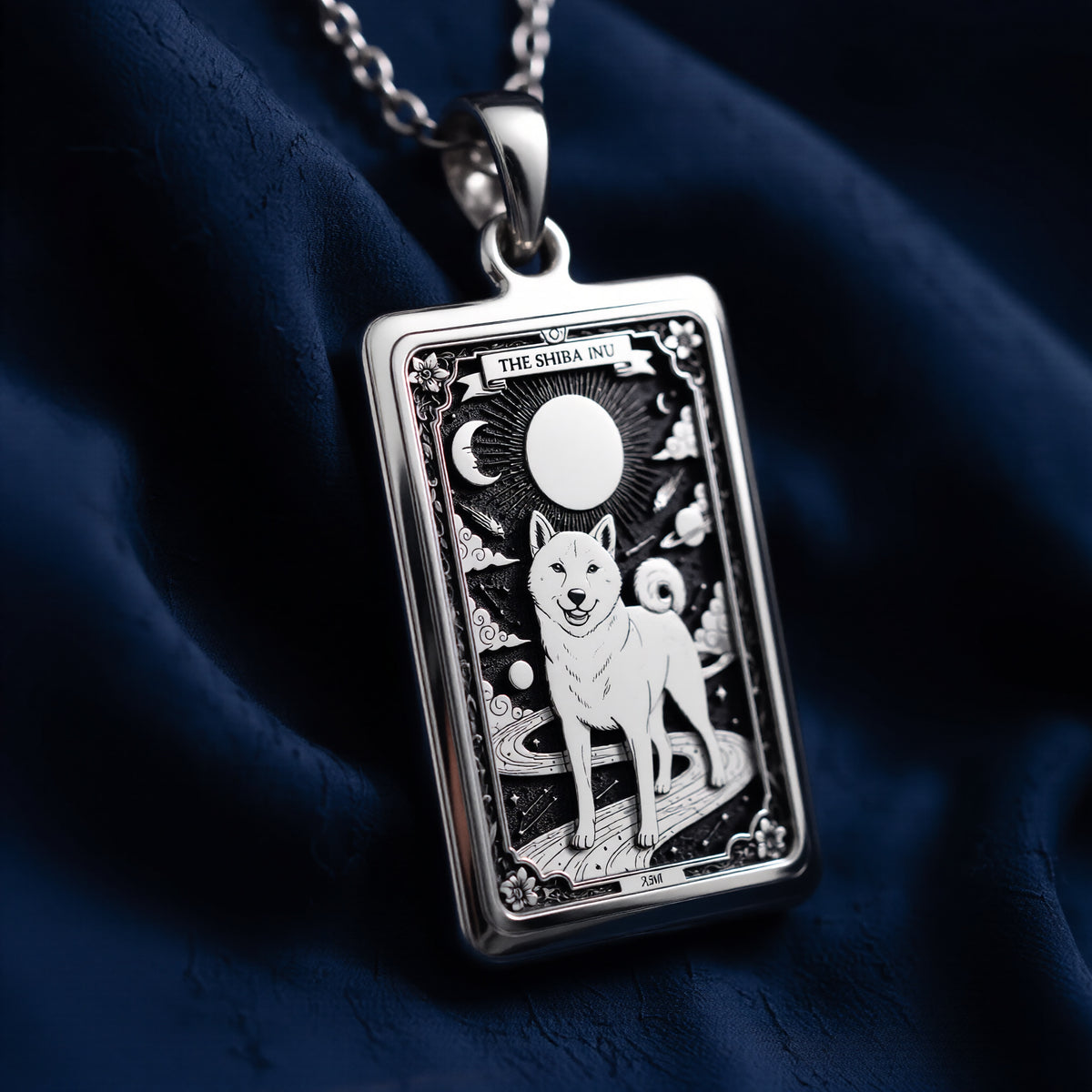 A striking 925 sterling silver Shiba Inu charm. The art shows the celestial dog, a meaningful piece of jewelry for a pet owner.
