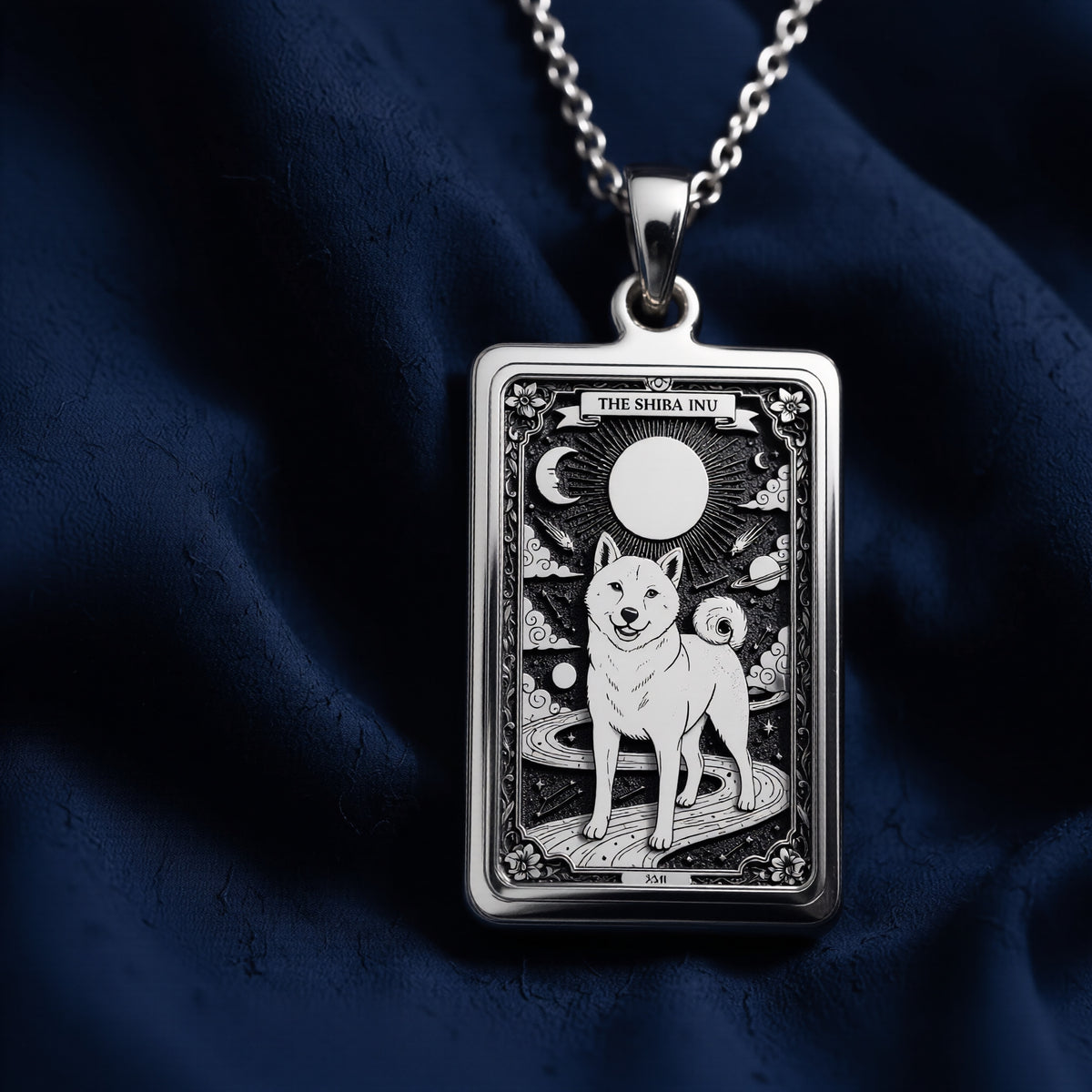 925 sterling silver Shiba Inu Pet Portrait Necklace pendant featuring a detailed design.