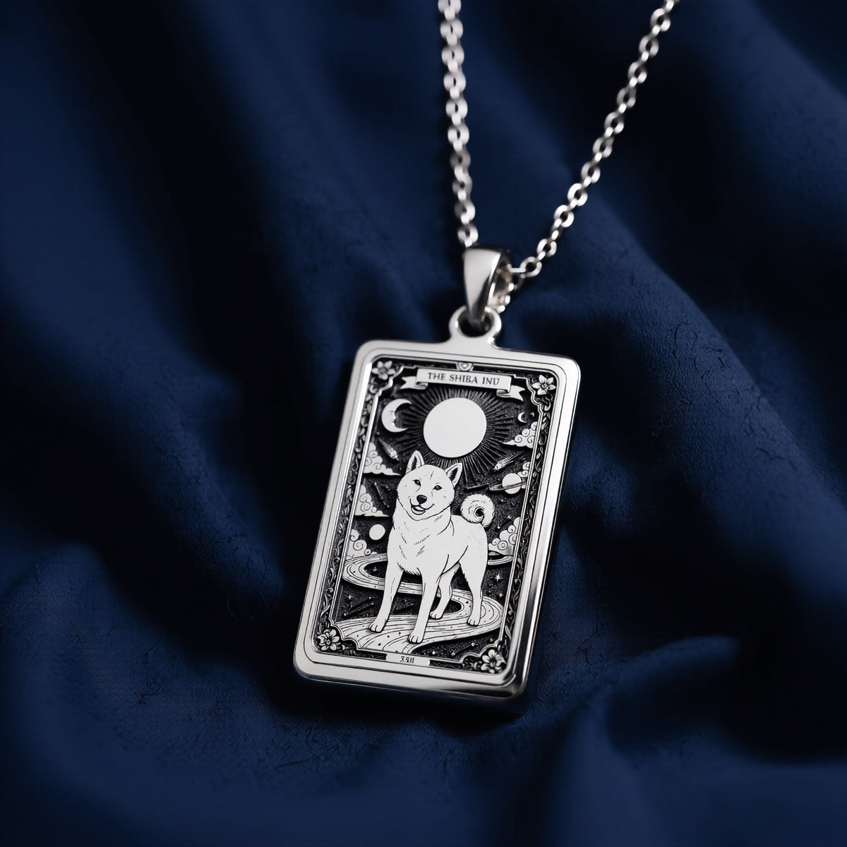 925 sterling silver Shiba Inu Pet Portrait Necklace pendant featuring a detailed design.