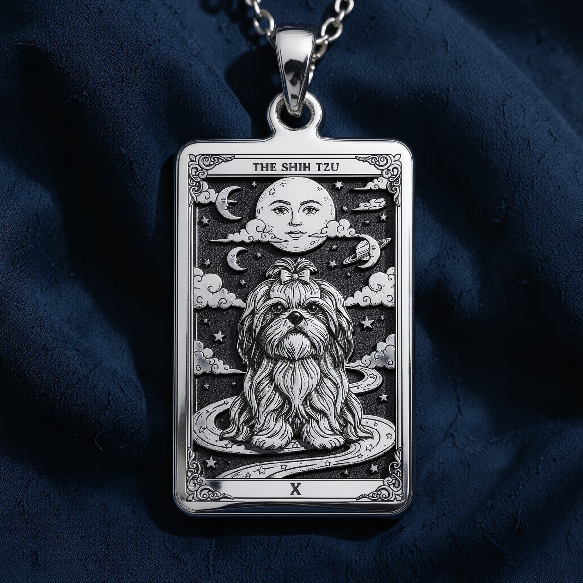 A polished 14K solid gold Shih-Tzu medallion. This fine pet jewelry represents the breed's "little lion" heart, making it a perfect Shih-Tzu lover gift.