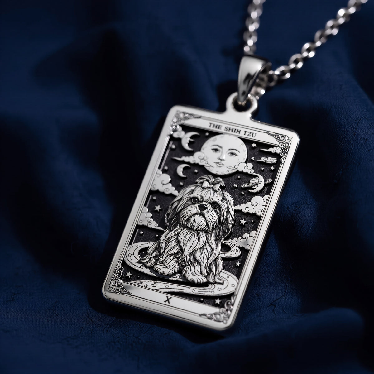 A personalized 925 sterling silver Shih-Tzu necklace. This gift celebrates the affectionate heart of the Shih-Tzu, a cherished pet memorial keepsake.