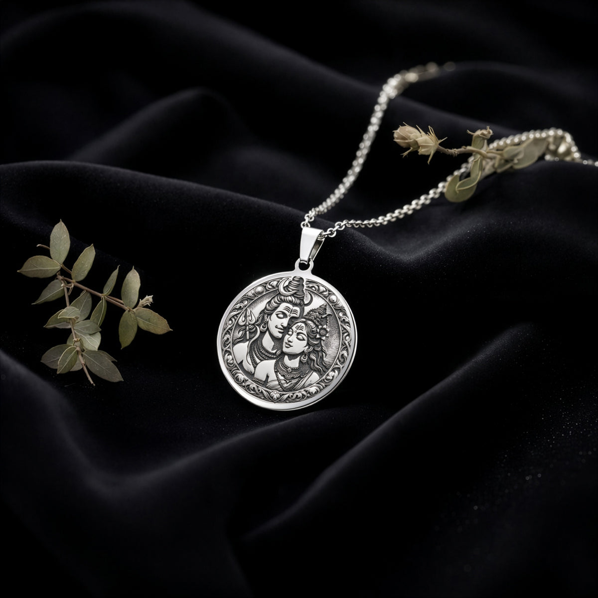 Sterling silver Shiva Parvati Trishul Amulet Necklace: round  of Hindu deity Shiva with...