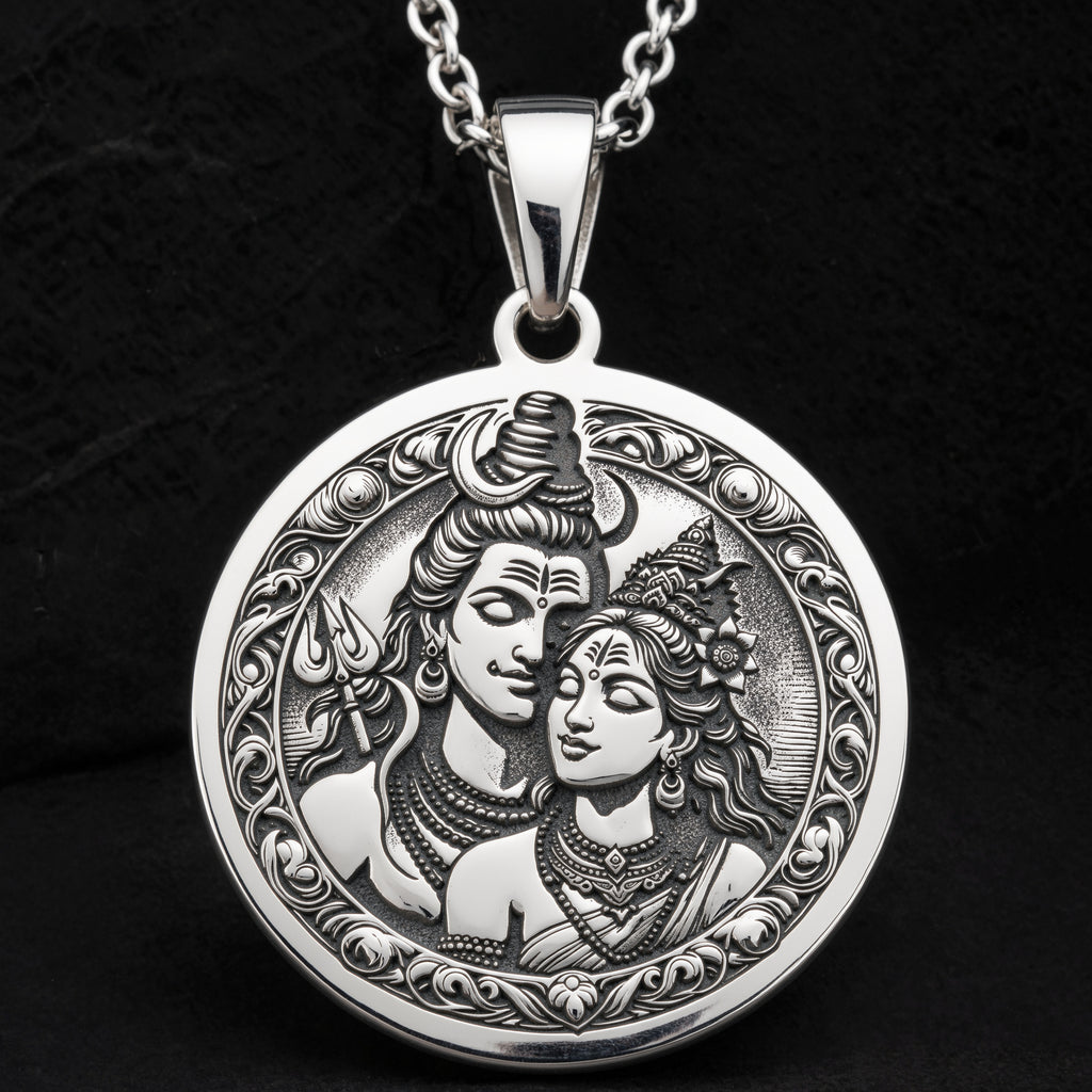 Sterling silver Shiva Parvati Trishul Amulet Necklace: round  of Hindu deity Shiva and ...