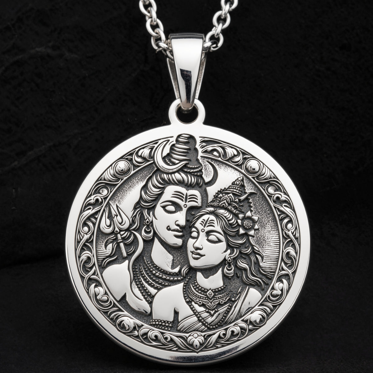 Sterling silver Shiva Parvati Trishul Amulet Necklace: round  of Hindu deity Shiva and ...