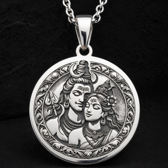 Sterling silver Shiva Parvati Trishul Amulet Necklace: round  of Hindu deity Shiva and ...