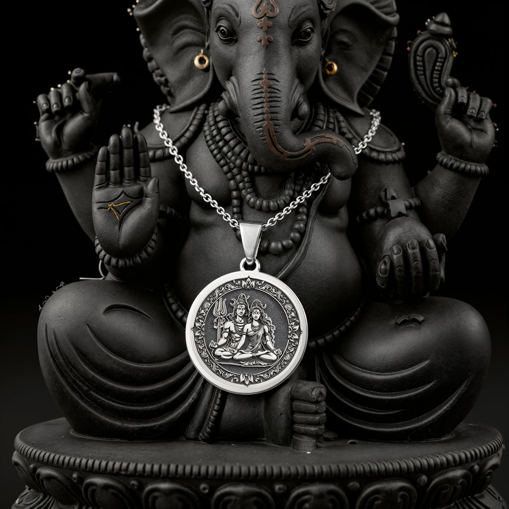 Sterling silver Shiva Parvati Divine Couple Pendant: round  of Shiva Hindu deity of des...