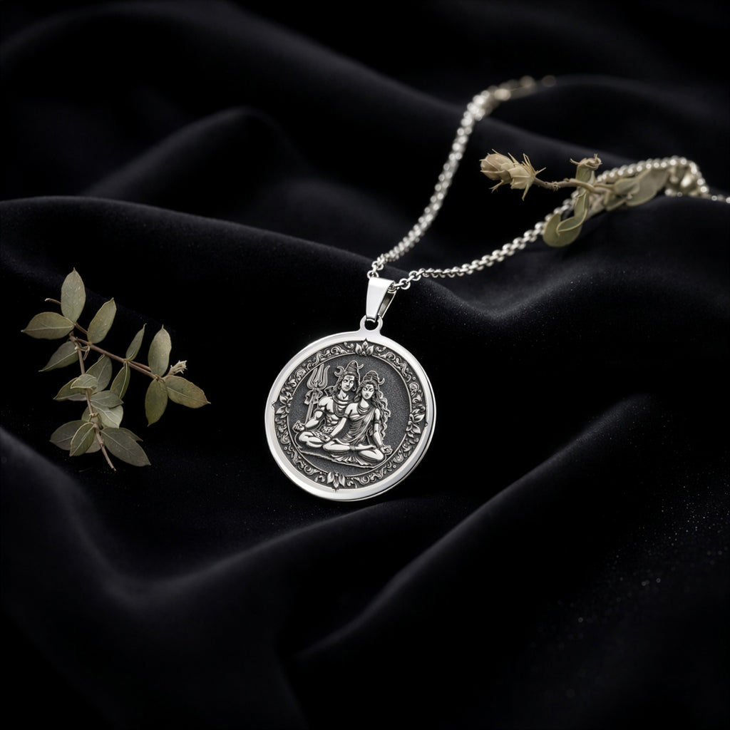Sterling silver Shiva Parvati Divine Couple Pendant: round  of Shiva Hindu deity of des...