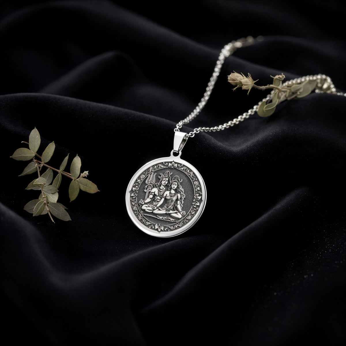 Sterling silver Shiva Parvati Divine Couple Pendant: round  of Shiva Hindu deity of des...