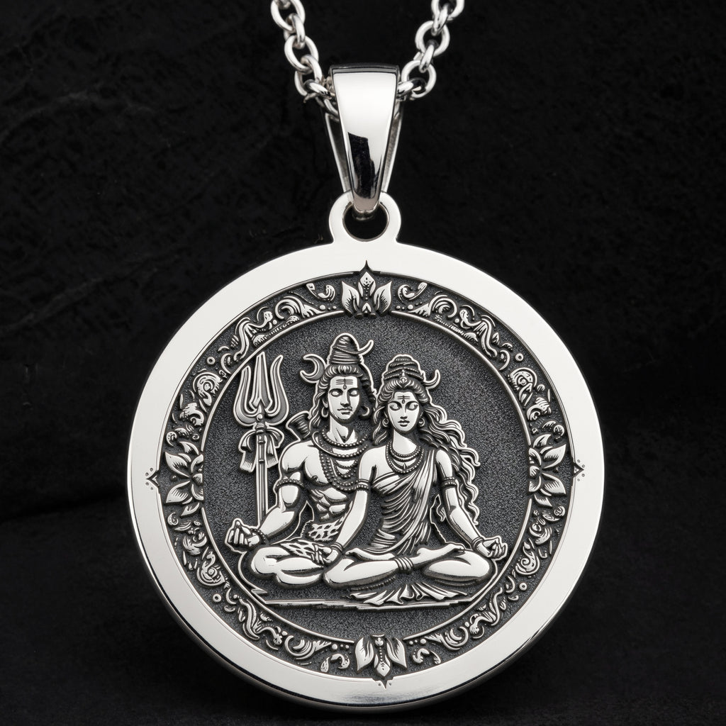 Sterling silver Shiva Parvati Divine Couple Pendant: round  of Hindu deity Shiva holdin...