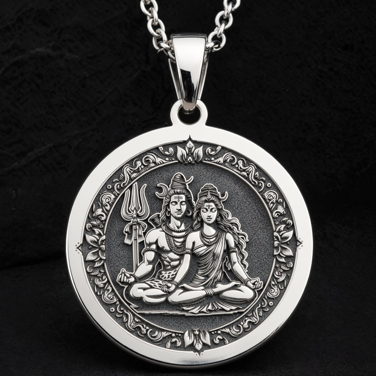 Sterling silver Shiva Parvati Divine Couple Pendant: round  of Hindu deity Shiva holdin...