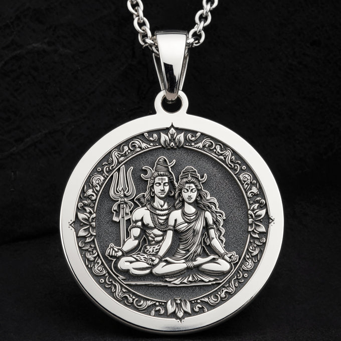 Sterling silver Shiva Parvati Divine Couple Pendant: round  of Hindu deity Shiva holdin...