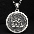 Sterling silver Shiva Parvati Divine Couple Pendant: round  of Hindu deity Shiva holdin...