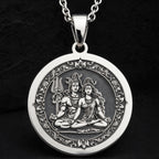 Sterling silver Shiva Parvati Divine Couple Pendant: round  of Hindu deity Shiva holdin...