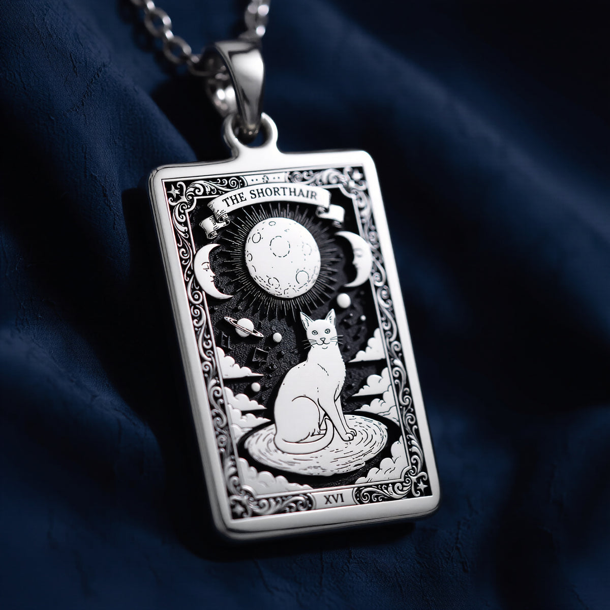 A striking 925 sterling silver Shorthair Cat charm. The art shows the serene cat, a meaningful piece of witchy jewelry for her.