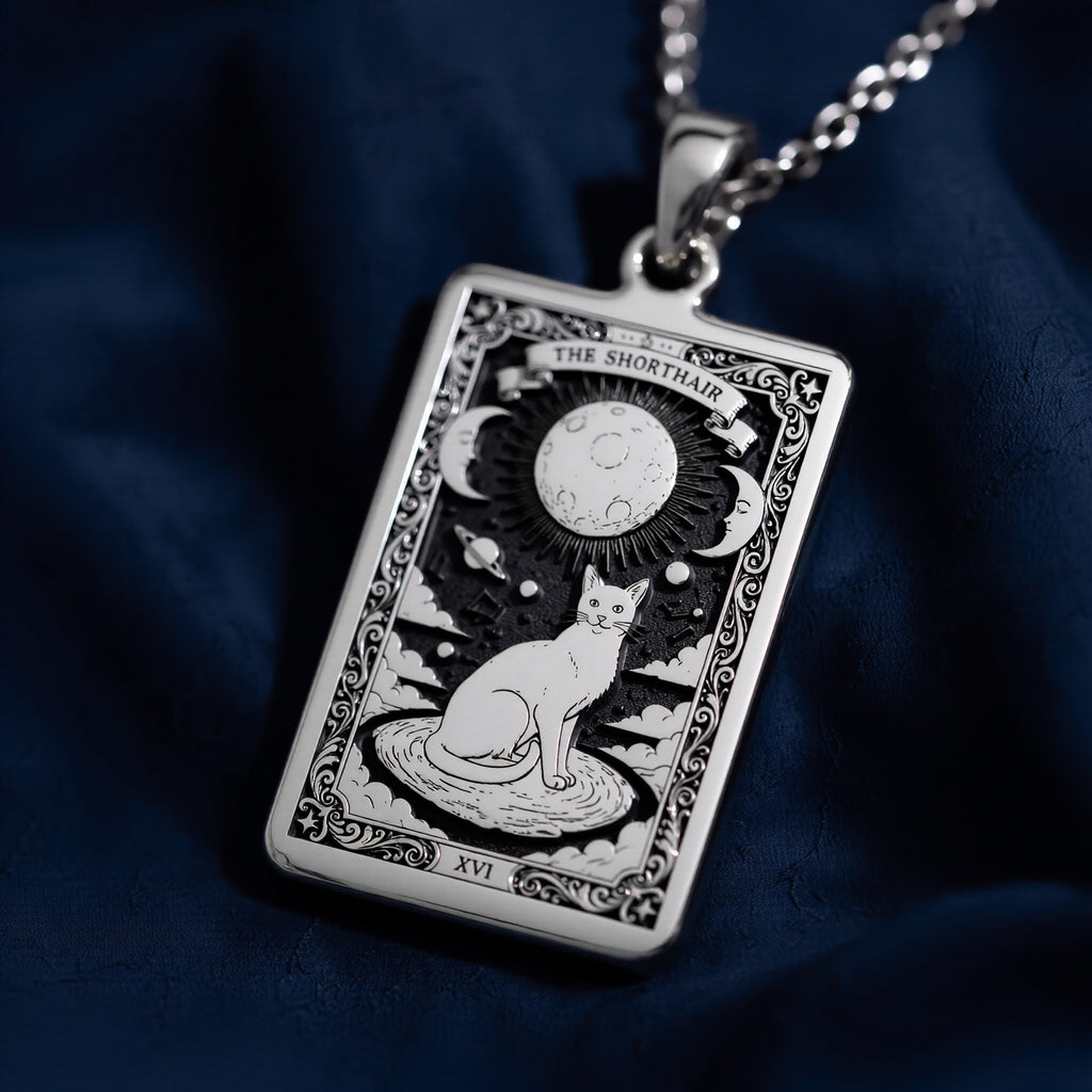 A personalized 925 sterling silver Shorthair Cat necklace. This gift celebrates the intuitive bond with a pet, a cherished pet memorial keepsake.