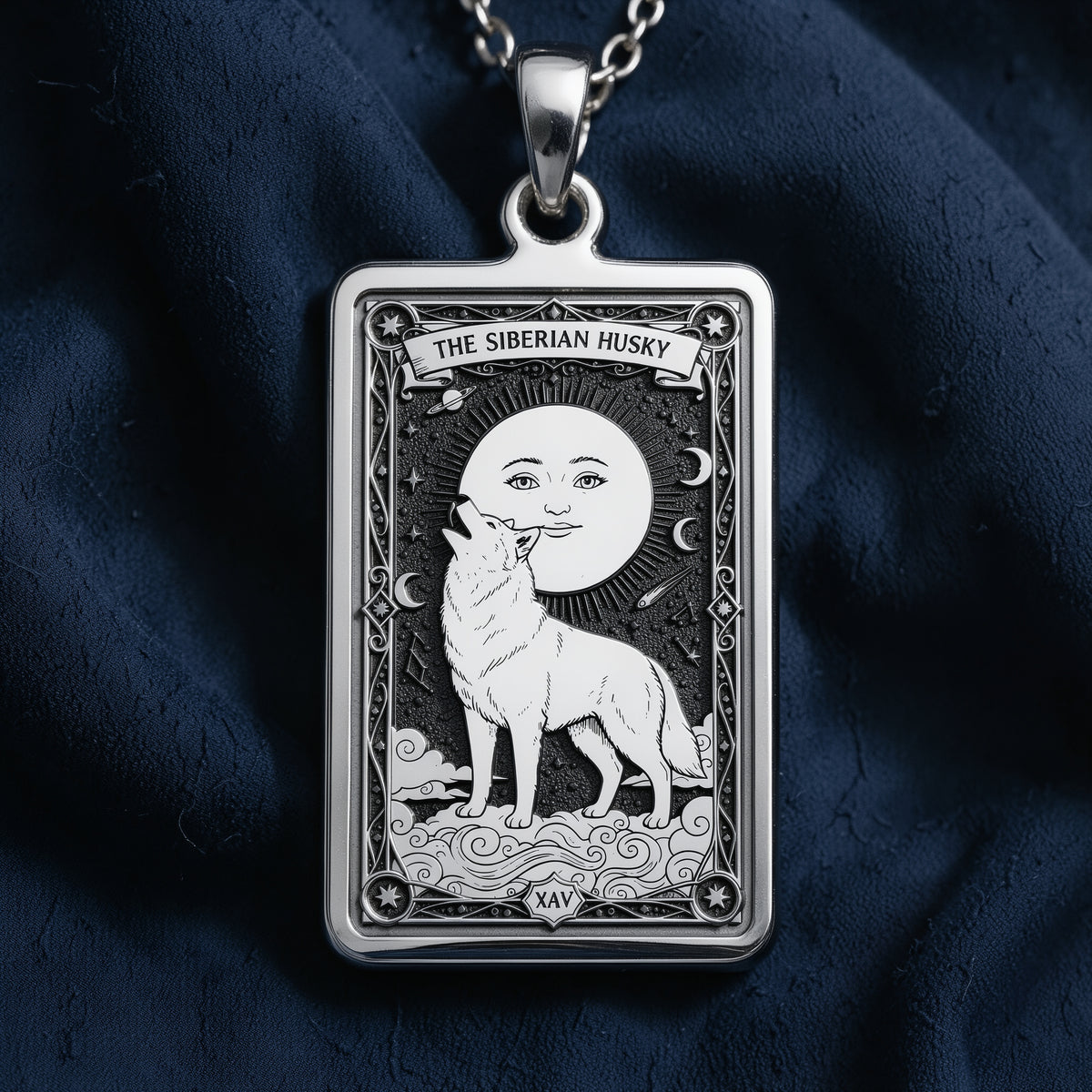 A polished 14K solid gold Siberian Husky medallion. This fine pet jewelry represents the breed's wolf-like nature, making it a perfect Husky lover gift.