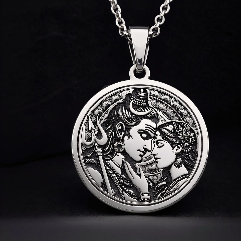 925 sterling silver Shiva & Parvati Trishul pendant, detailed view 2.