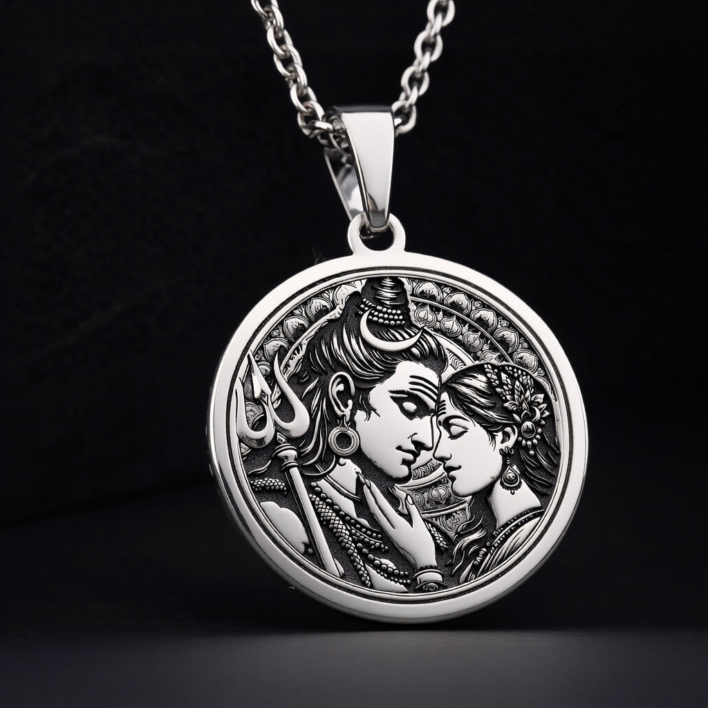 925 sterling silver Shiva & Parvati Trishul pendant, detailed view 3.