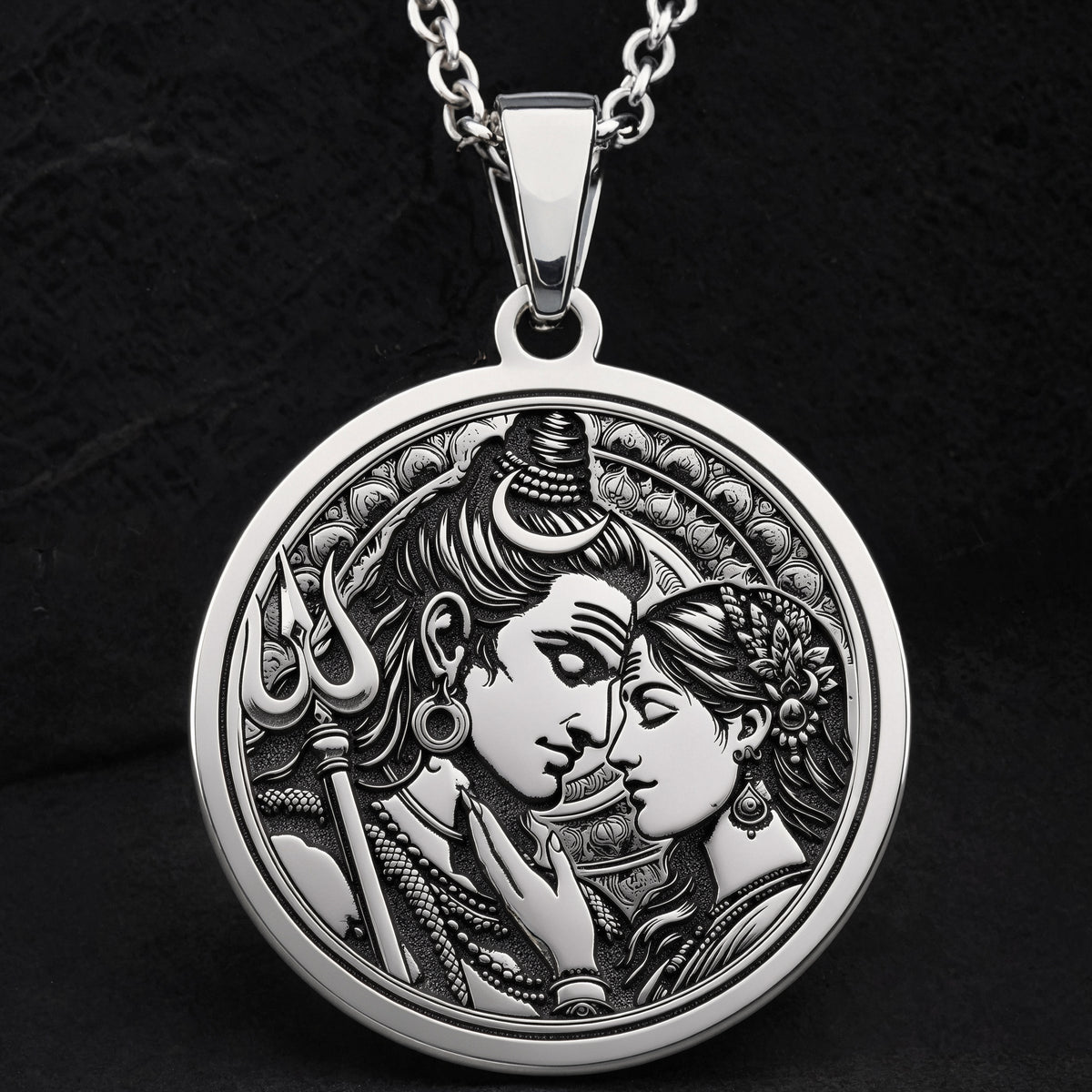 925 sterling silver Shiva & Parvati Trishul pendant, detailed view 4.