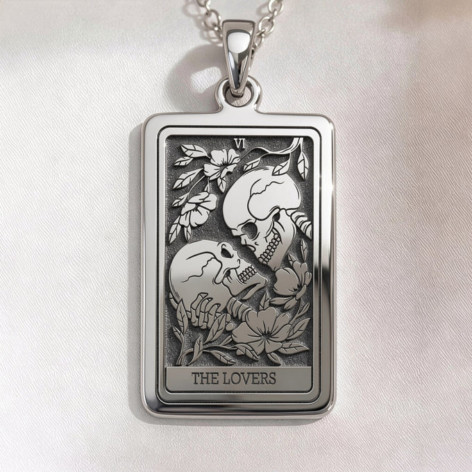 Skull Lovers Tarot Necklace pendant in silver, gold plated, or rose gold plated. Gothic romance skull jewelry for lovers.