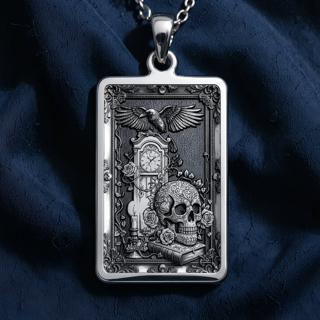 Silver rectangular pendant featuring an intricate engraved design of a skull, clock, and eagle. This piece is displayed on a silver chain surrounded by loose gemstones and dark textile.