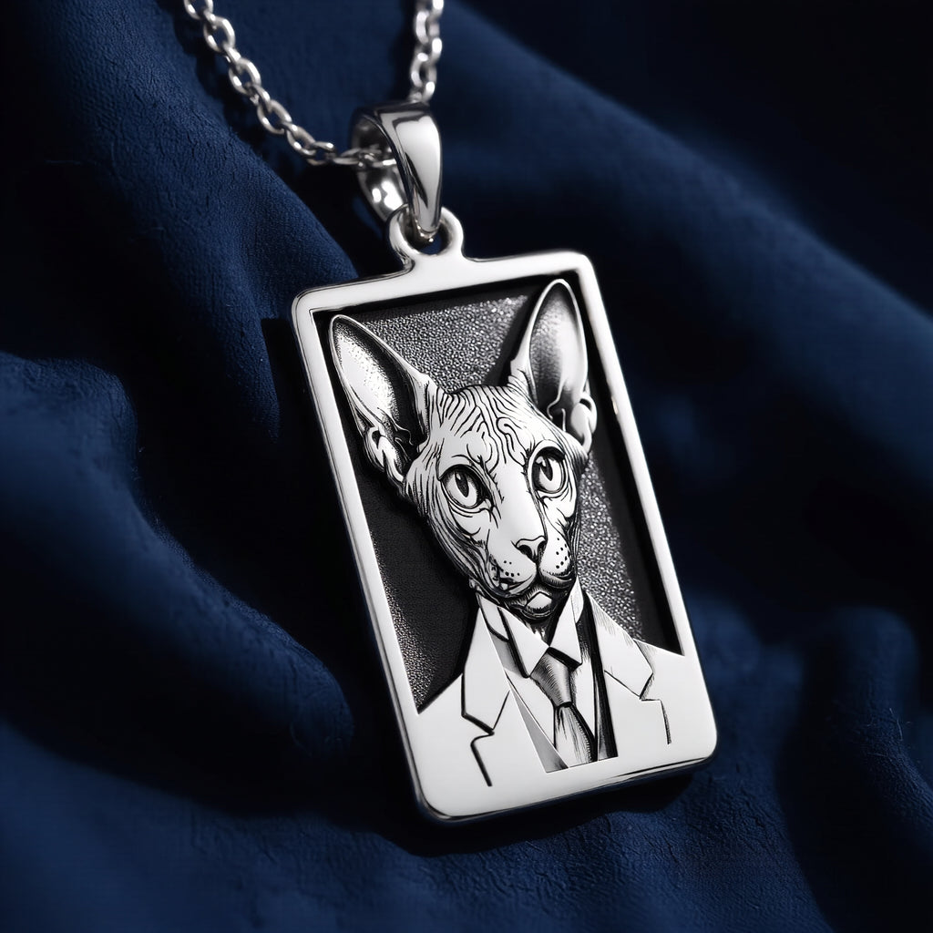 Macro detail view of 925 Sterling Silver Dapper Sphynx Cat Man Portrait Rectangle Pendant Necklace, highlighting polished bail and three-dimensional relief.