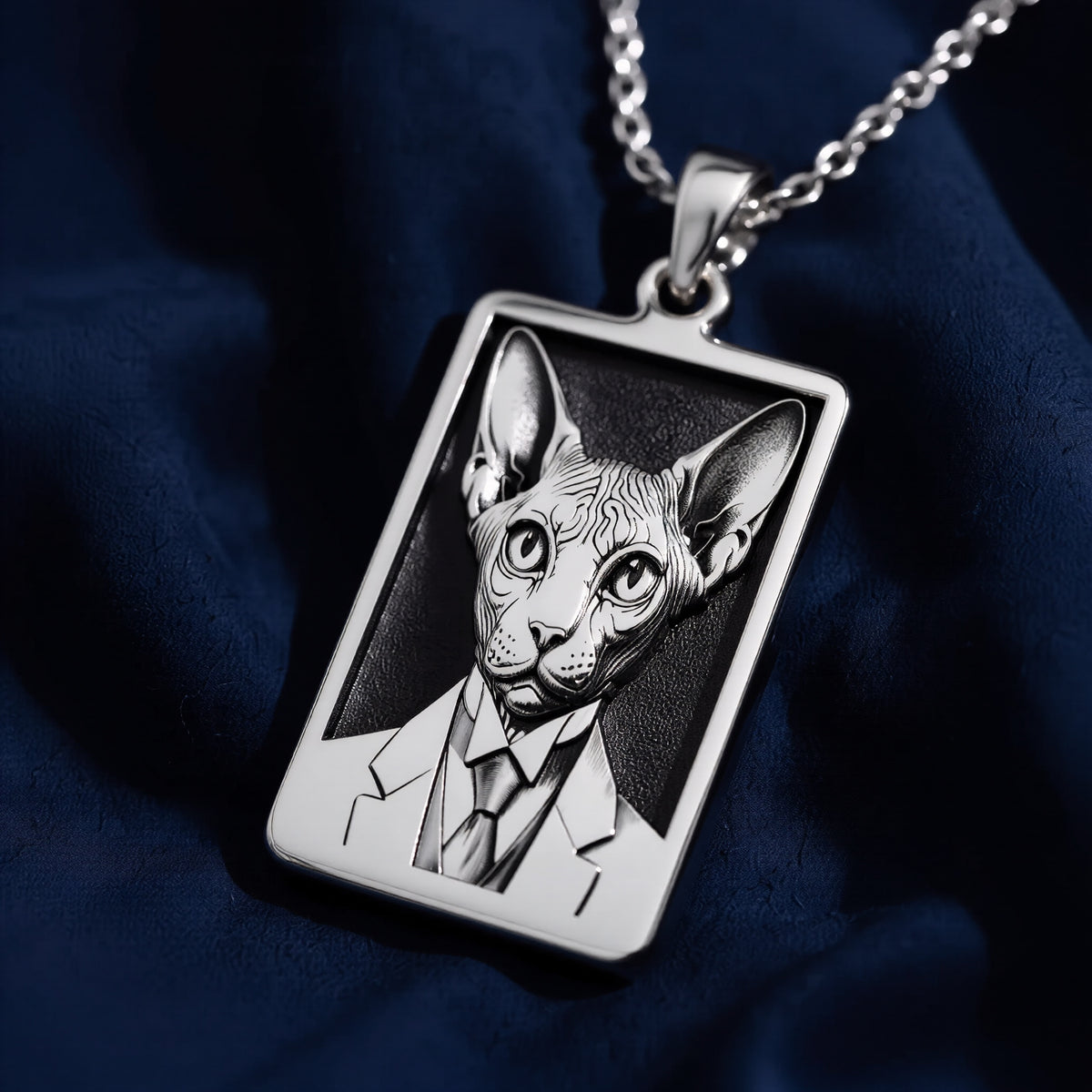 Side profile and bevel edge shot of 925 Sterling Silver Dapper Sphynx Cat Man Portrait Rectangle Pendant Necklace, crafted in durable solid hypoallergenic 925 sterling silver.
