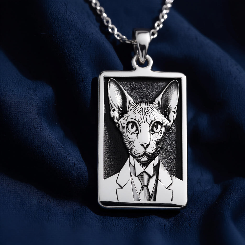 Elegant lifestyle display of 925 Sterling Silver Dapper Sphynx Cat Man Portrait Rectangle Pendant Necklace, showing wearable proportions for Gothic Dark Academia Pet Memorial & Feline Totem Charm.