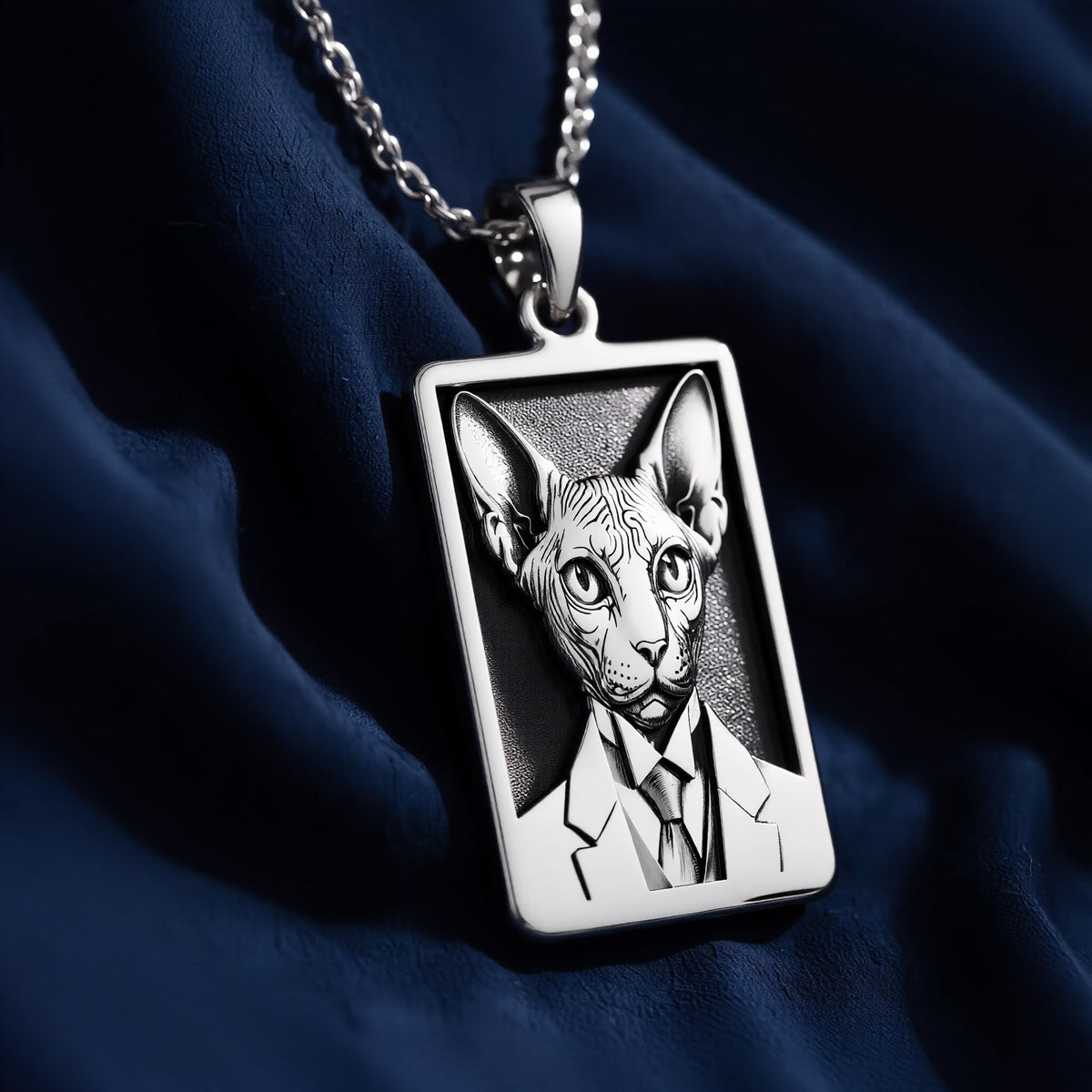 Back and reverse side view of 925 Sterling Silver Dapper Sphynx Cat Man Portrait Rectangle Pendant Necklace, smooth skin-safe hypoallergenic finish.