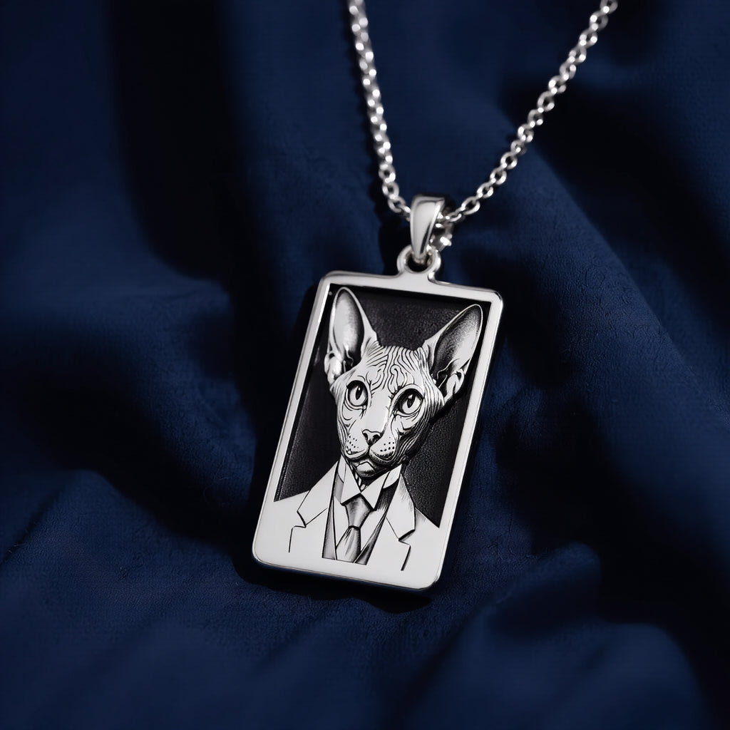 Atmospheric studio close-up of 925 Sterling Silver Dapper Sphynx Cat Man Portrait Rectangle Pendant Necklace, highlighting vintage aesthetic in solid hypoallergenic 925 sterling silver.