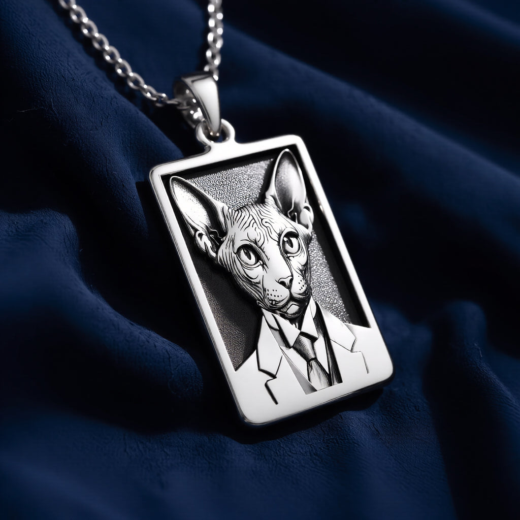 High-resolution detail shot of 925 Sterling Silver Dapper Sphynx Cat Man Portrait Rectangle Pendant Necklace, capturing fine hand-finished contours.