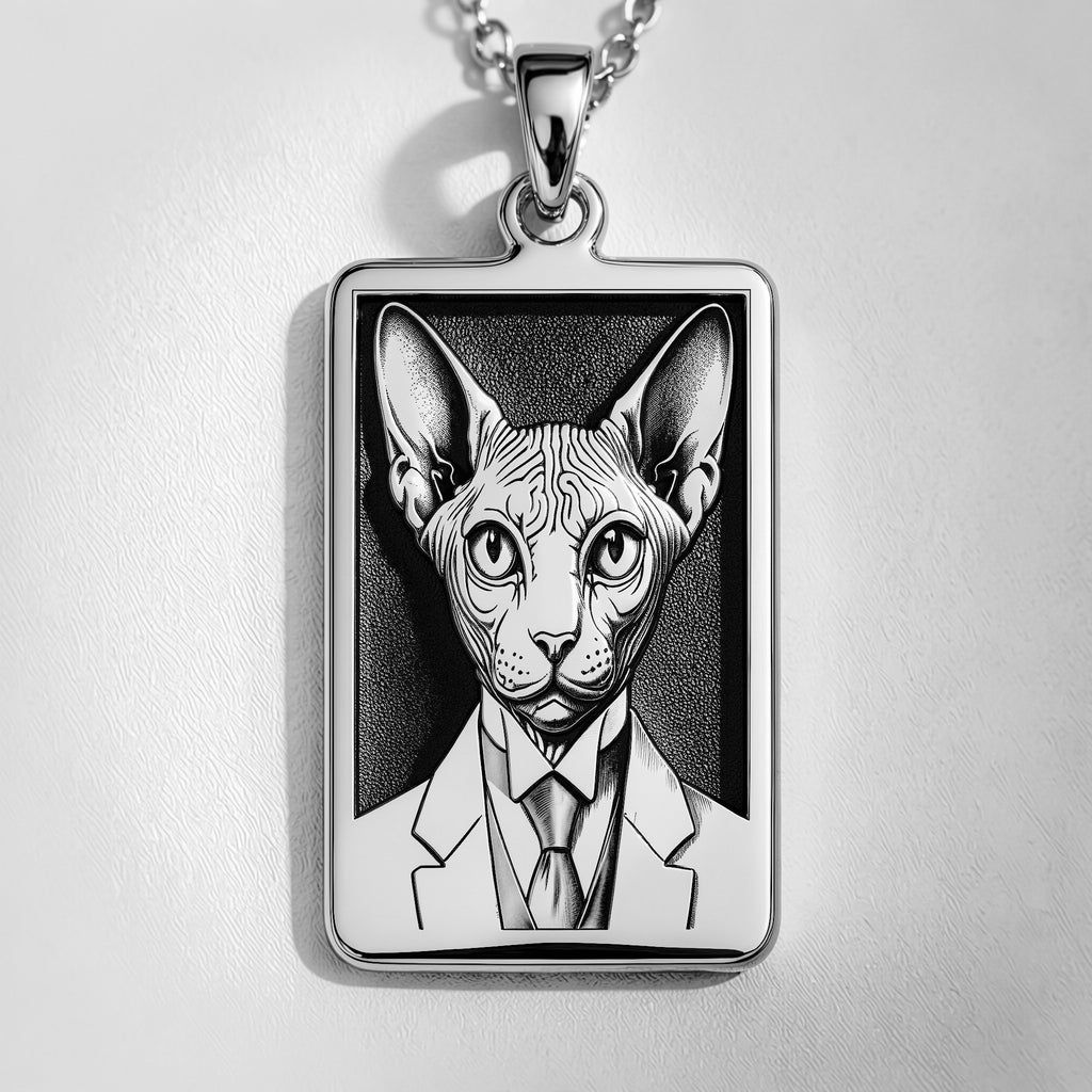 Studio front view of 925 Sterling Silver Dapper Sphynx Cat Man Portrait Rectangle Pendant Necklace, featuring Gothic Dark Academia Pet Memorial & Feline Totem Charm with crisp engraved relief details.