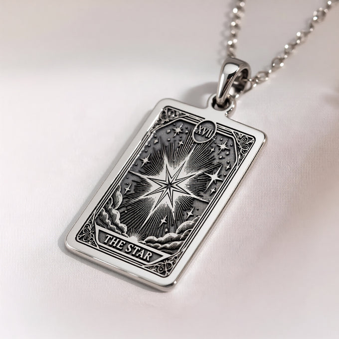 Star Tarot Major Arcana pendant necklace in silver or gold plated. Cosmic occult energy symbol jewelry for astrology lovers.
