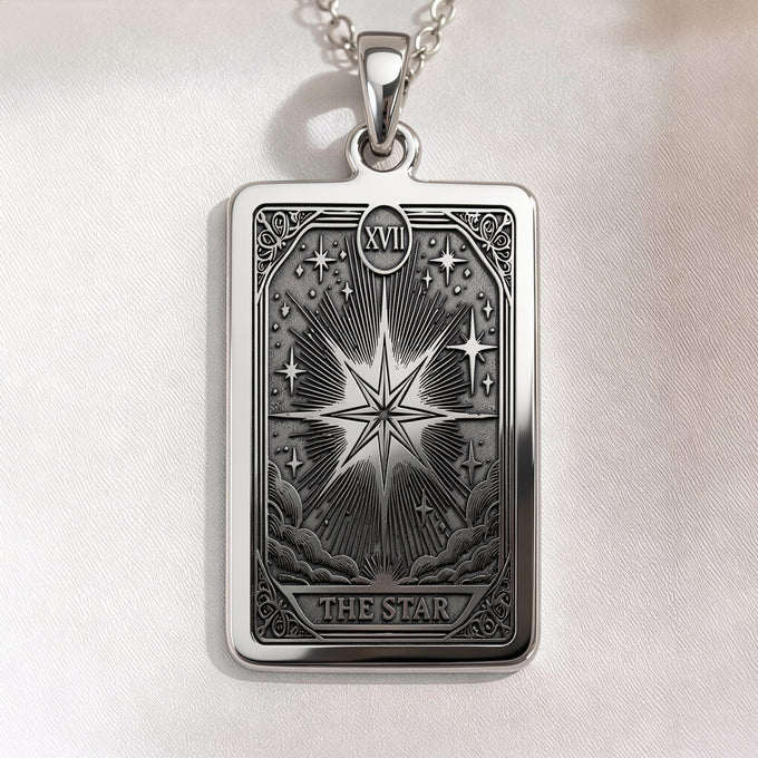 Star Tarot Major Arcana pendant. Silver plated occult symbol jewelry for cosmic energy and spiritual focus.