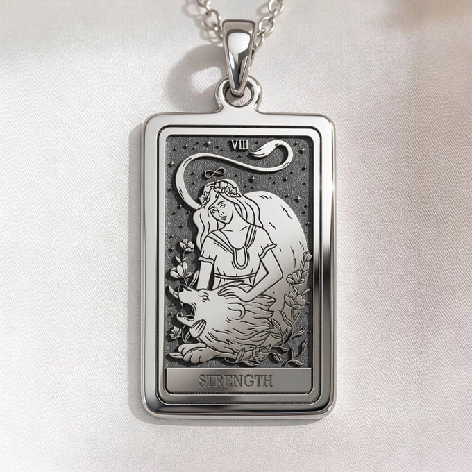 Strength Tarot Necklace. Silver, gold plated, or rose gold plated options. Courage jewelry and spiritual strength symbol.
