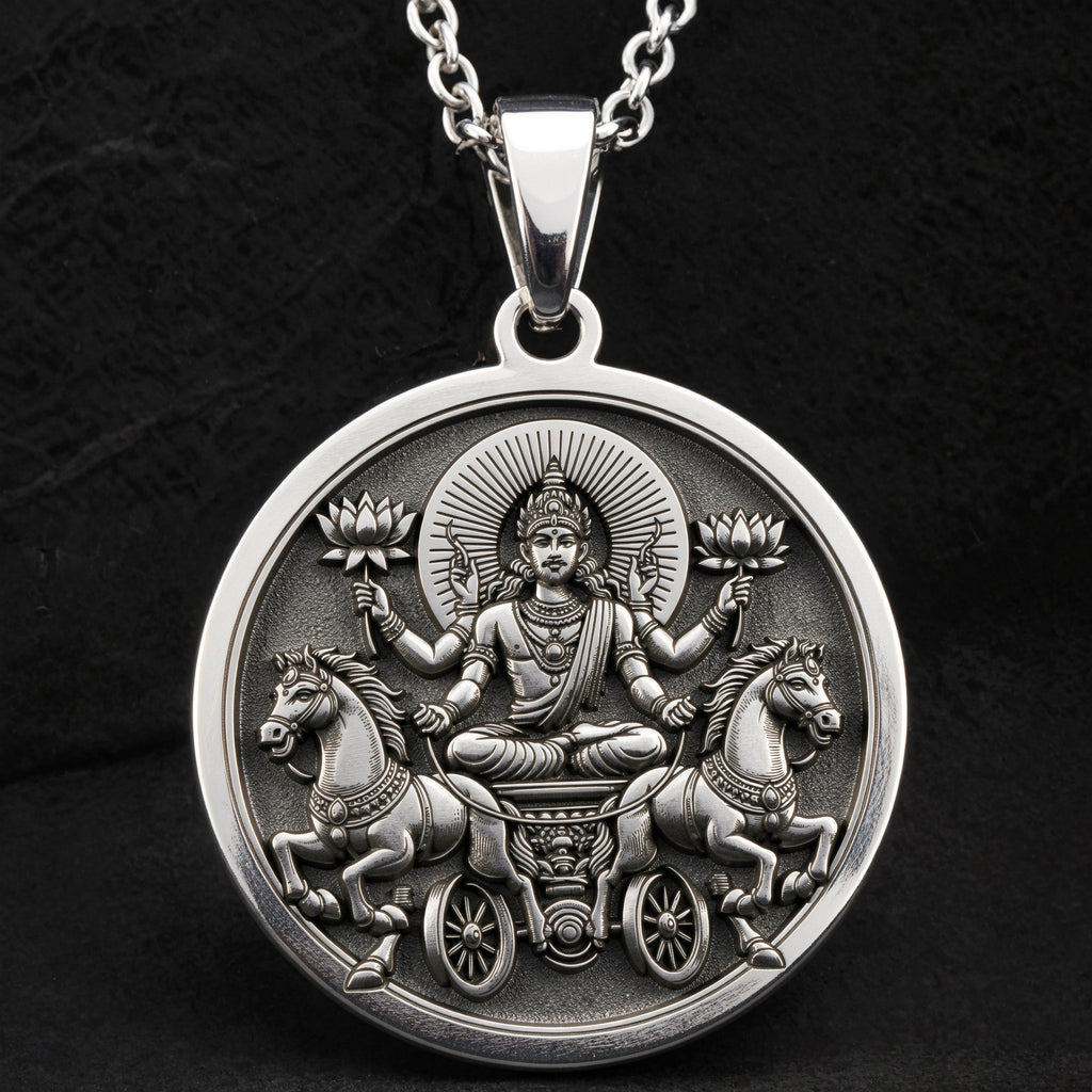 handcrafted necklace Surya Sun God with Seven Horses Chariot | & Options - Ancient Mythology Cosmic Energy mythology