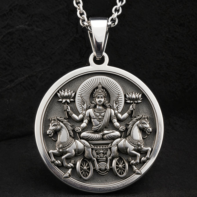 handcrafted necklace Surya Sun God with Seven Horses Chariot | & Options - Ancient Mythology Cosmic Energy mythology