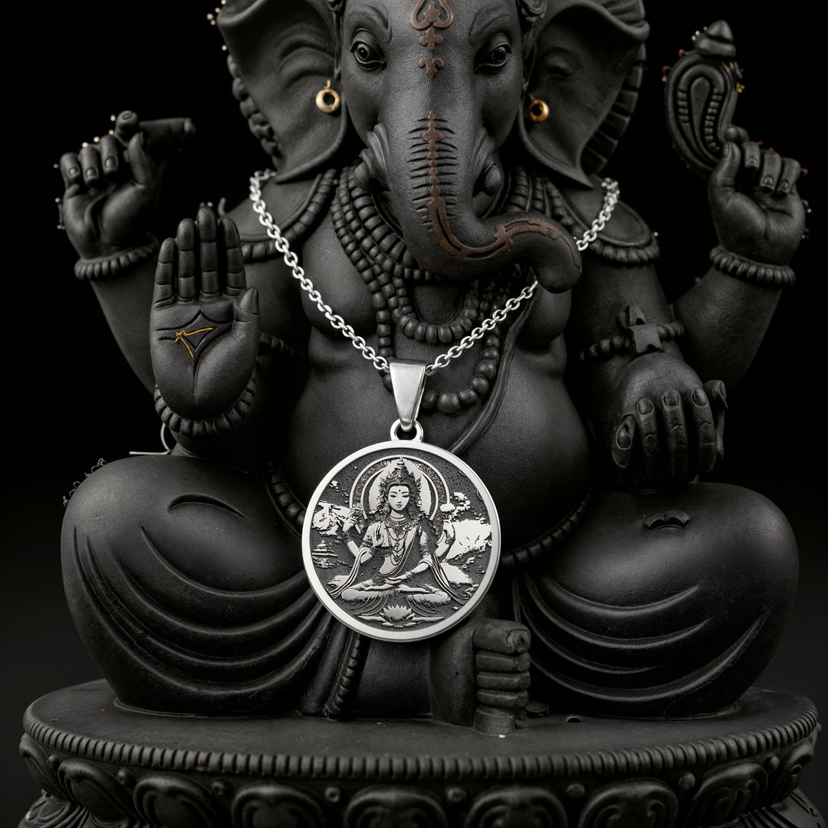 925 925 Sterling Silver Green Tara Varada Mudra Amulet Necklace Necklaces Oxidized silver Ganesha pendant necklace with circular design and chain.