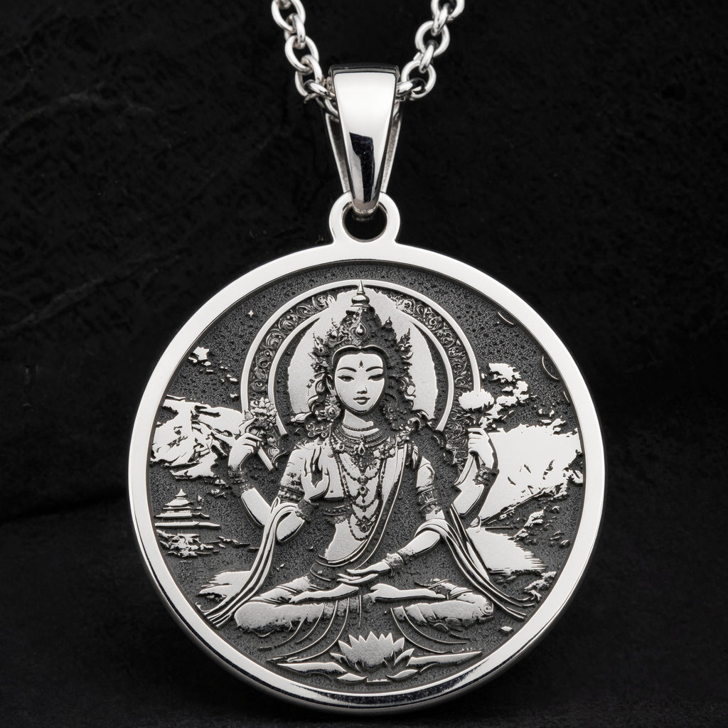 Green Tara Varada Mudra Amulet Necklace Necklaces 925 925 Sterling Silver round pendant featuring a seated deity figure with a halo on a black background.
