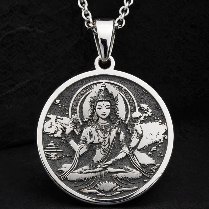 Green Tara Varada Mudra Amulet Necklace Necklaces 925 925 Sterling Silver round pendant featuring a seated deity figure with a halo on a black background.