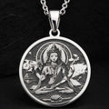 Green Tara Varada Mudra Amulet Necklace Necklaces Silver round pendant featuring a seated deity figure with a halo on a black background