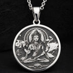 Green Tara Varada Mudra Amulet Necklace Necklaces 925 925 Sterling Silver round pendant featuring a seated deity figure with a halo on a black background.