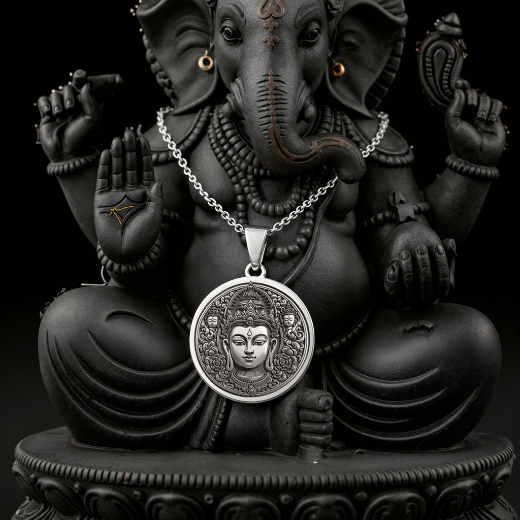 925 925 Sterling Silver Green Tara Compassion Amulet Necklace Necklaces Oxidized silver elephant face pendant necklace with traditional design.