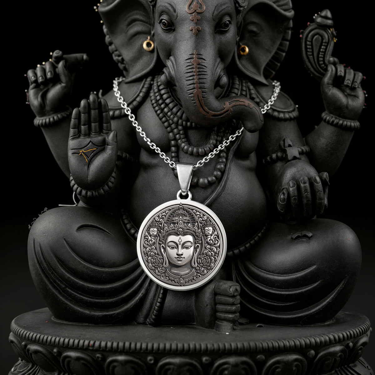 925 925 Sterling Silver Green Tara Compassion Amulet Necklace Necklaces Oxidized silver elephant face pendant necklace with traditional design.