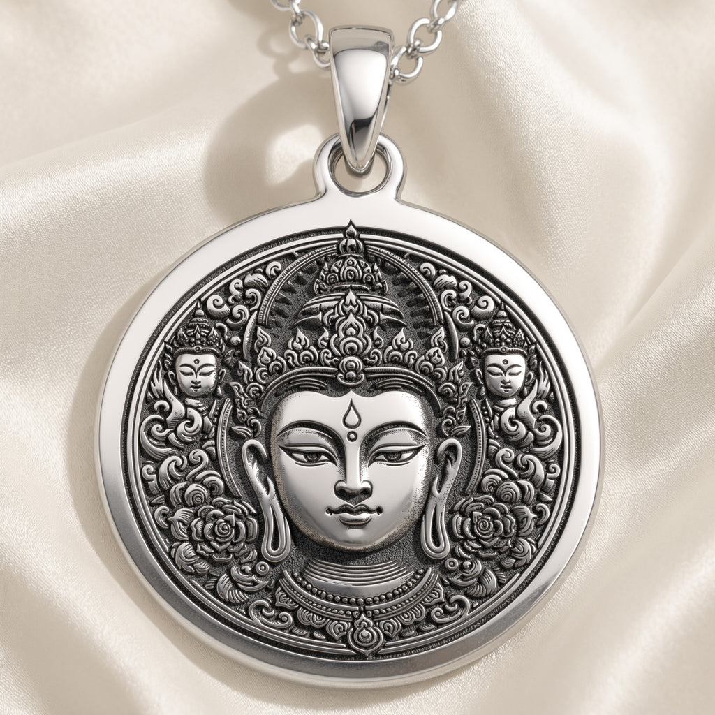 Green Tara Compassion Amulet Necklace Necklaces 925 925 Sterling Silver round pendant featuring an ornate Buddha face design with intricate detailing.